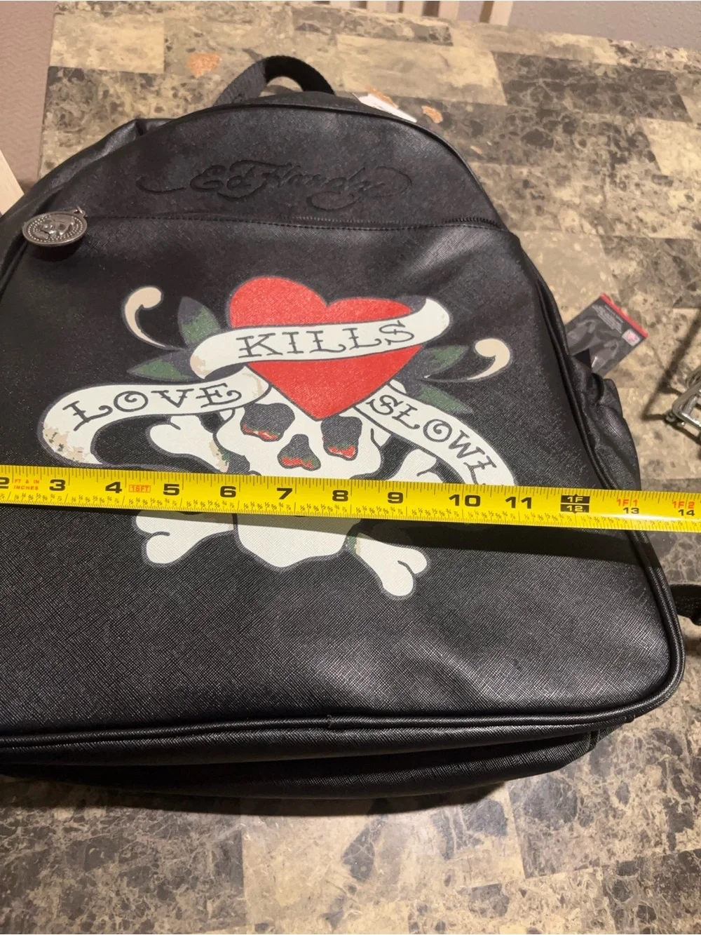 Ed Hardy Unisex Black Backpack with Red Heart and White Skull Graphic